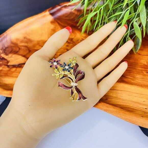 Vintage Enamel MONET Brooch Pink Blue Yellow Rhinestones Flower BOUQUET 1501 - Picture 3 of 7